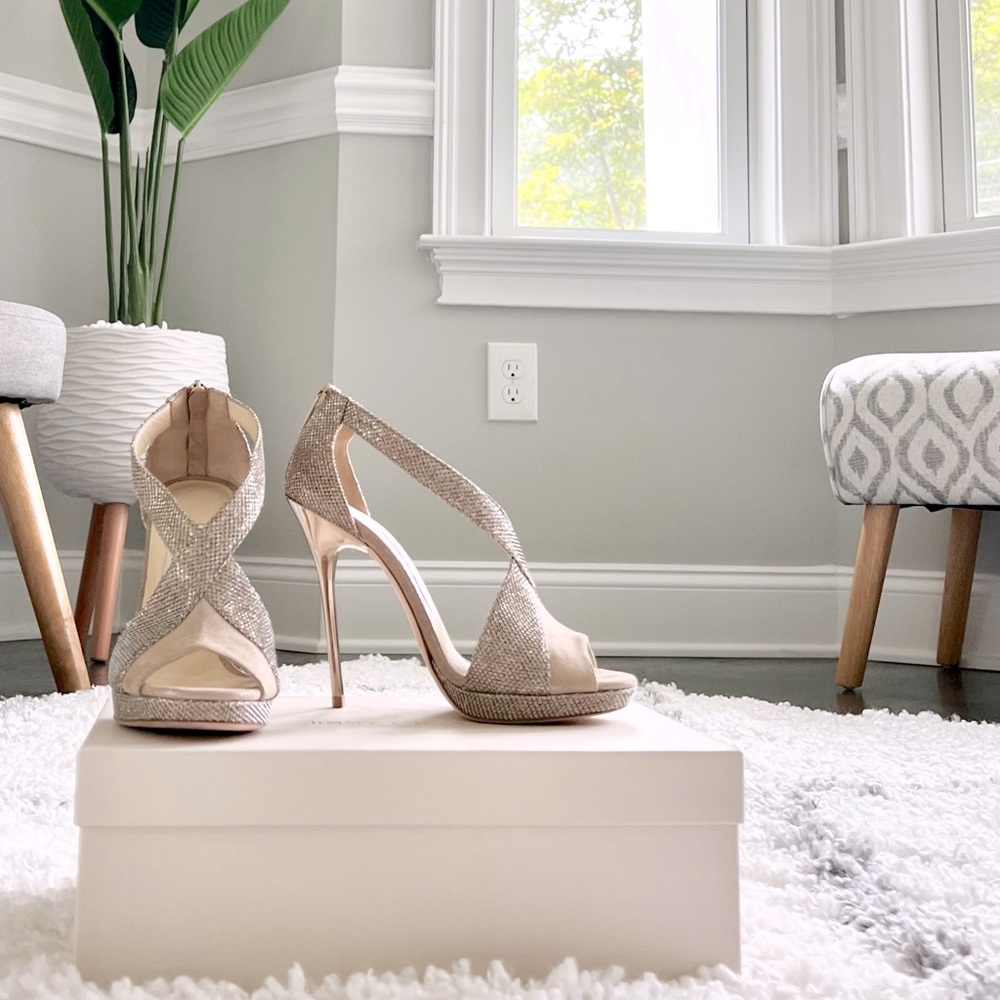JIMMY CHOO Vision 120 Macaroon & Sand Lamé  Glitter Metallic Nappa Sandals 36💕